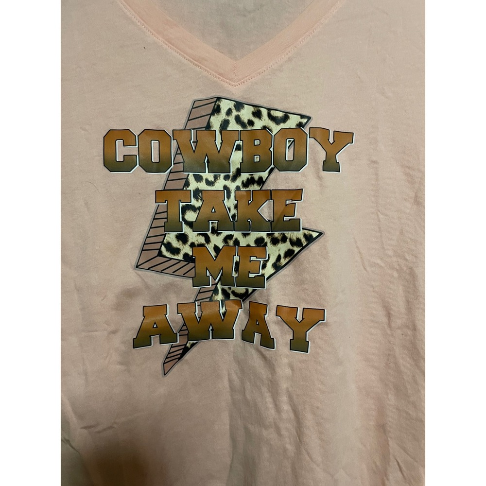 NWTS Womens Pink V Neck Graphic T Shirt Cowboy Take Me Away Sz S Lightening bolt